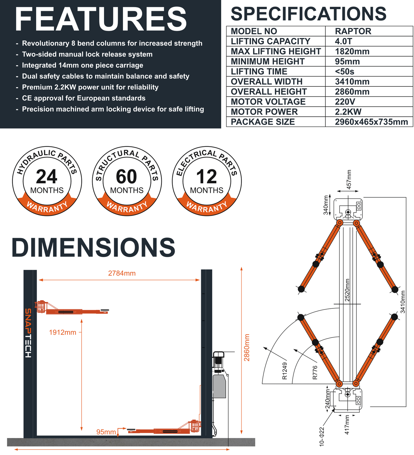 Snaptech Raptor 4.0T Two Post Lift ( With Base) + FREE Trolley Jack & Trestles