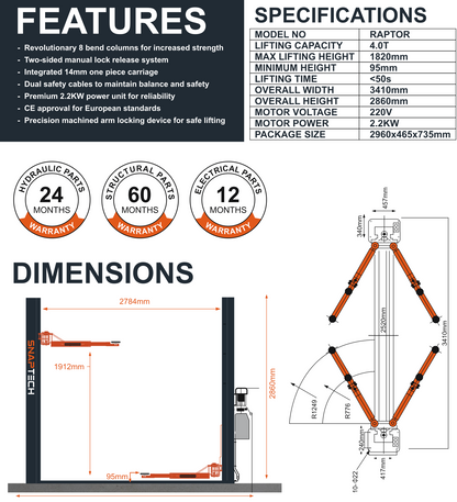 Snaptech Raptor 4.0T Two Post Lift ( With Base) + FREE Trolley Jack & Trestles